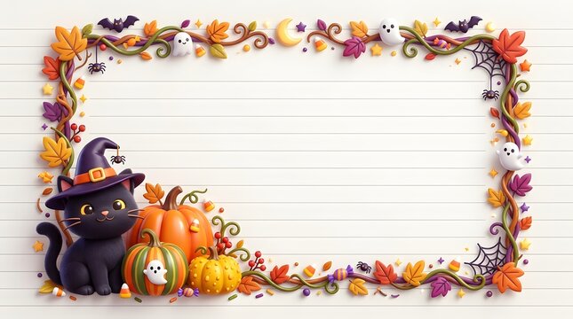 Cute black cat wearing witch hat sitting near pumpkins and autumn leaves spooky background