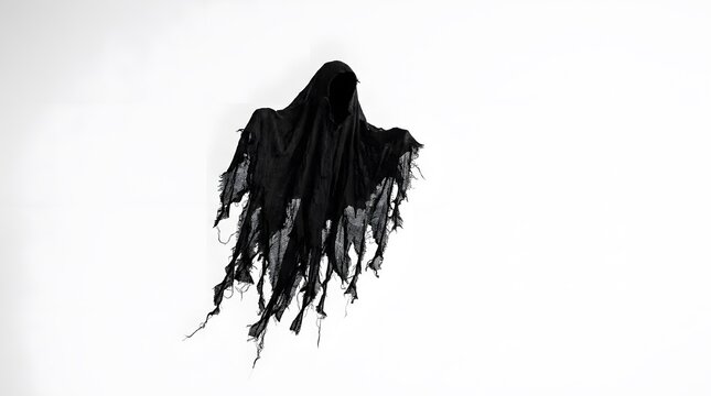 Floating black ghost spirit wearing ragged tattered fabric floating against bright white background backdrop