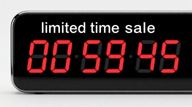 Digital countdown clock shows red LED numbers on black screen. Text reads limited time sale on white background. Timer displays zero zero fifty nine fifty five. Electronic device counts down seconds