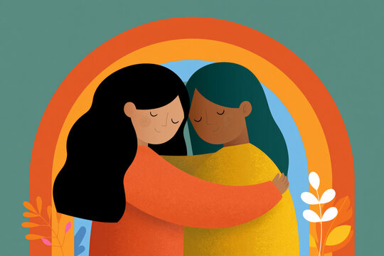 Illustration style, modern flat vector, diverse adults embracing under a brilliant double rainbow, uplifting atmosphere, minimalist background, colorful gradients, commercial vector illustration, no