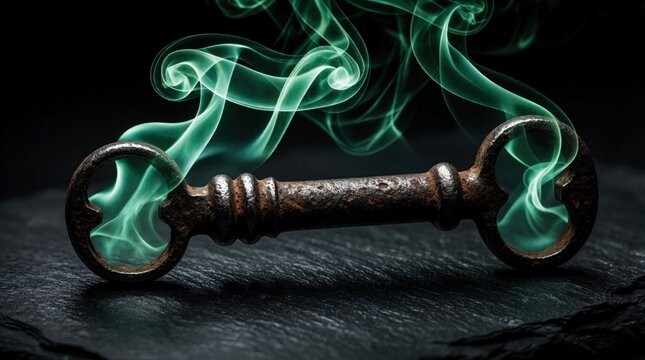 Antique metal key lies on dark stone surface. Green magic smoke swirls around old rusty object. Mysterious green vapor rises from vintage key in dark setting. Fantasy concept of unlocking secret door