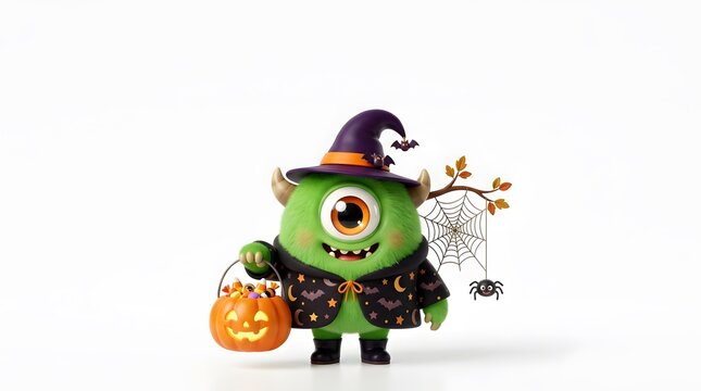 Cute green cyclops monster wearing witch hat and cape holding Halloween pumpkin candy bucket