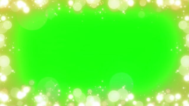 Glowing golden bokeh lights form a rectangular frame against a bright green background.