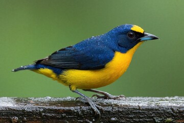 Obraz premium Yellow throated euphonia bird sits on wet wooden branch. Small colorful songbird with blue plumage, bright yellow belly perches in tropical forest. Single avian wildlife species shows vibrant