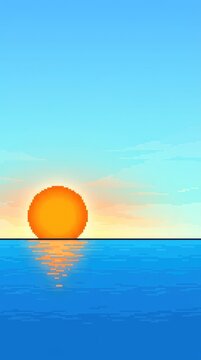 Pixelated orange sun rising above a blue ocean with a simple, defined horizon line and clear sky in a minimal digital style, pixel, concept, retro