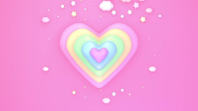 Rainbow heart with stars and clouds on a pink background animation. (loop)