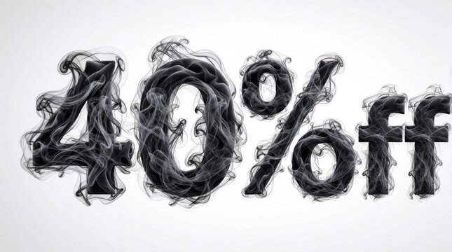 Black smoke text effect shows 40 percent off discount. Dark swirling vapor forms numbers, letters on white background. Creative typography design for sale promo, retail advertisement, special offer
