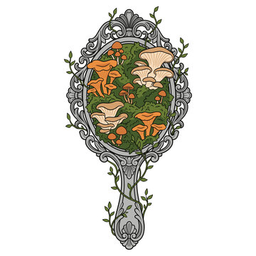 Ornate vintage hand mirror overgrown with moss and mushrooms illustration