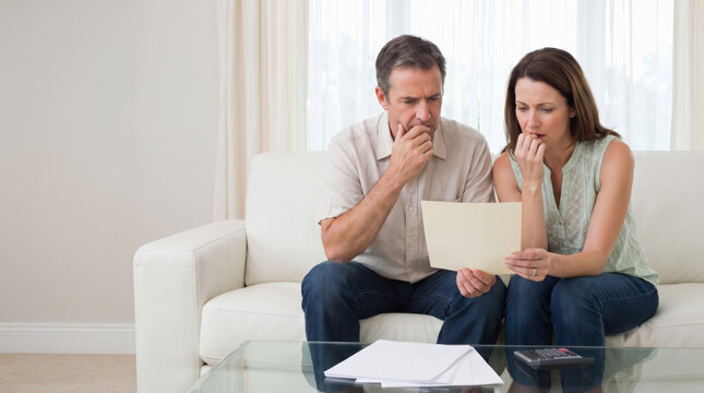 Bills paper stack unpaid worried couple reviewing bills beside paper stack. Financial bankruptcy debt crisis. overdue invoice payment document statement, expense budget problem stress