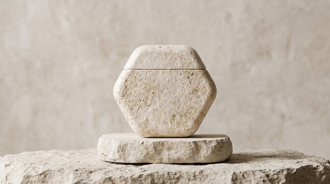 hexagonal natural stone cosmetic jar mockup displayed on a rough stone podium
