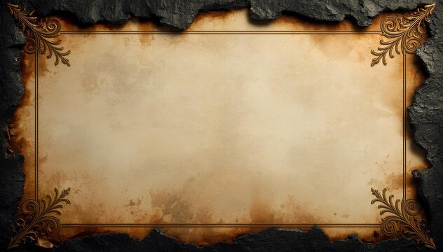 Ancient parchment scroll framed with ornate golden corners set against a dark textured rock background