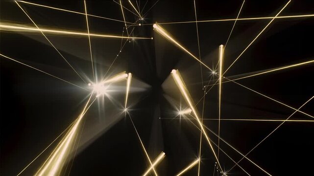 Golden photon beams and particle trails crossing in space, physics seamless vj loop for light, optics and science visuals