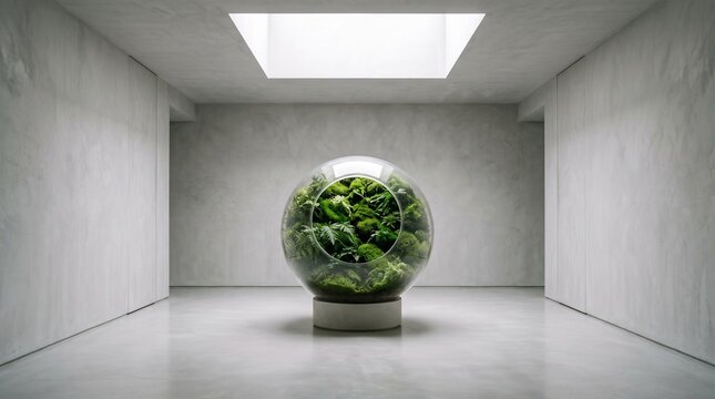 green plant terrarium glass sphere inside minimalist modern concrete room with skylight