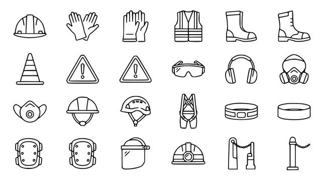 Occupational health and construction site safety line icon set containing personal protective equipment, hazard warning signs, high visibility apparel, and secure work gear elements