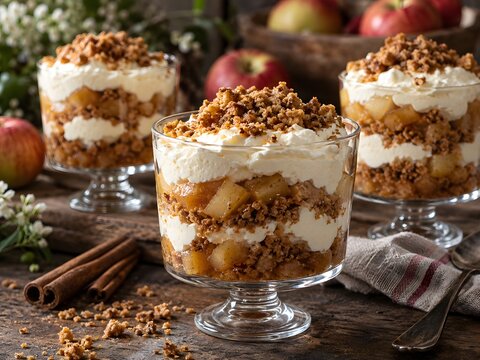 Rustic apple crisp trifle dessert in glass bowls, layered apple crumble parfait with whipped cream, cozy autumn seasonal food photography