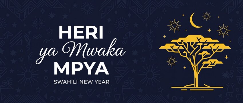 Swahili New Year Banner Greeting Card Heri ya Mwaka Mpya with Golden African Acacia Tree Crescent Moon Fireworks on Ethnic Dark Pattern Background for East Africa Cultural Festival Header
