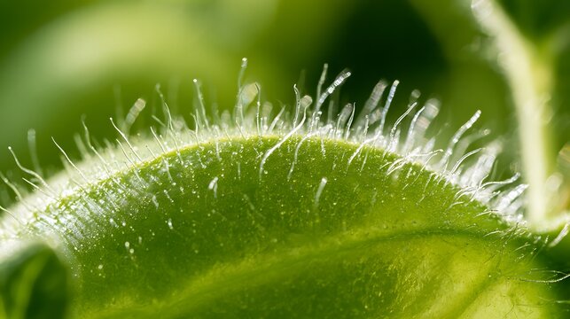 Macro view of green leaf edge with fine trichomes and plant hairs.