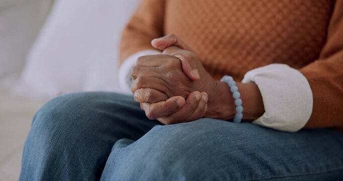 Mental health, overthinking or hands on sofa with nerves, anxiety trigger or flashback of trauma. Stress, overwhelmed or person in house with difficult memory, fear or tension in emotional thoughts.