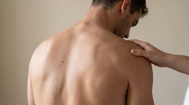 Close-up of male upper back with visible moles and muscles on neutral background. Concept of body identity, somatic health education, pain therapy, and male vulnerability.