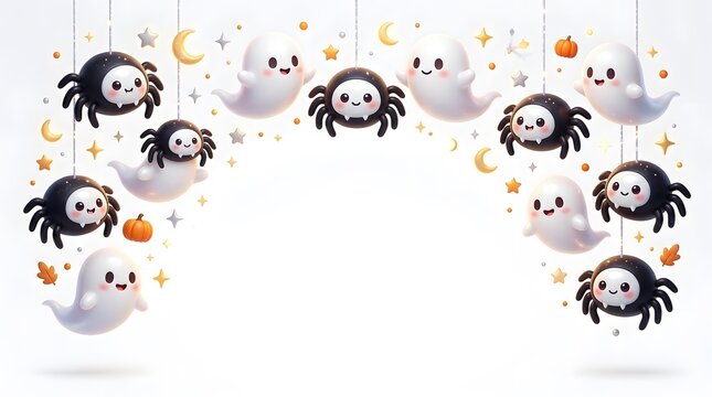 Cute Halloween ghosts and friendly black spiders hanging with stars and crescent moons