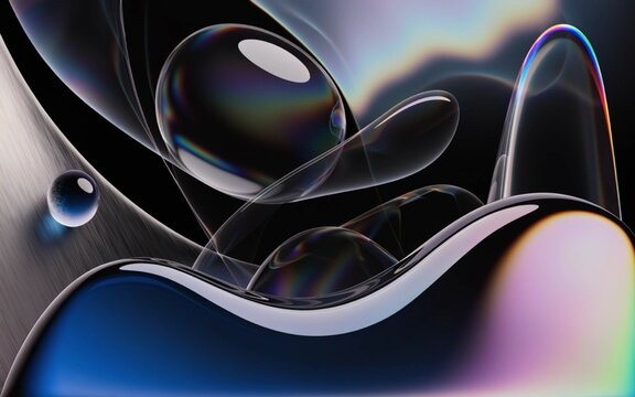 Abstract fluid glass bubbles with iridescent reflections and futuristic liquid shapes background