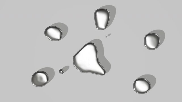 Metallic silver droplets fall and splash into spiky sheets, retract into toroidal shapes, then settle into glossy puddles on gray