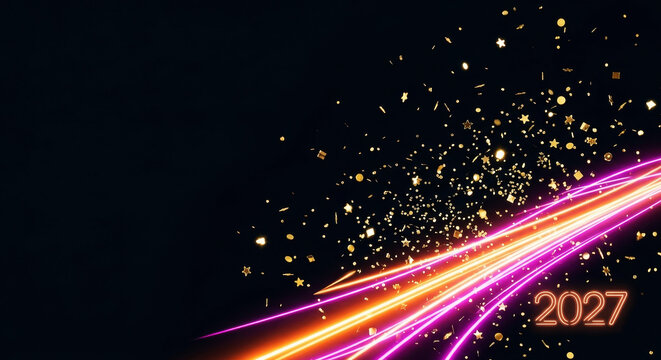 Abstract new year 2027 background with glowing light streaks and golden festive confetti particles