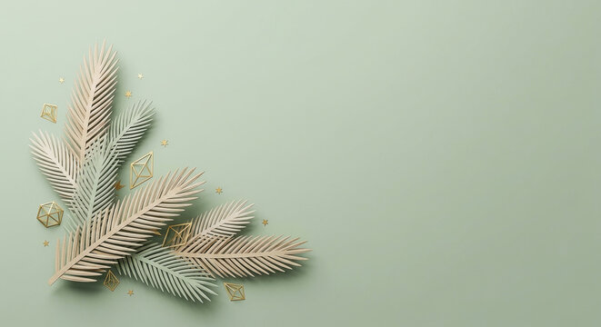Minimalist new year background with paper palm leaves and golden geometric festive decorations