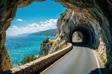 Fototapeta premium Winding coastal road passes through stone tunnel carved in rocky cliff. Scenic view of blue ocean, green mountains under bright summer sky. Travelers drive along mountain highway to explore beautiful