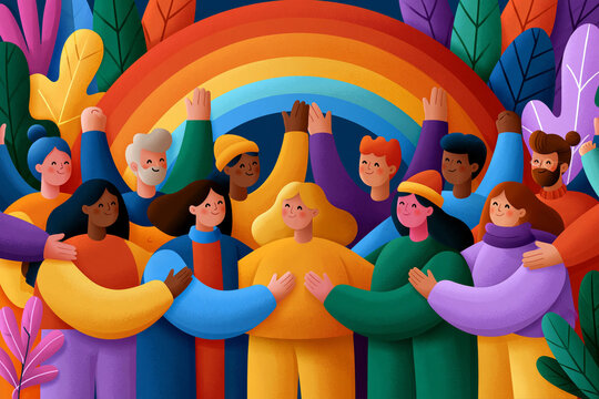 Gorgeous and professionally composed picture of Illustration style, modern flat vector, diverse adults sharing a happy moment beneath a brilliant double rainbow, minimalist natural setting, clean