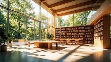 Fototapeta premium Modern sunlit library with huge glass windows. Bright wooden interior features large bookshelves, study desks, indoor plants. Green trees visible outside through transparent walls. Peaceful workspace