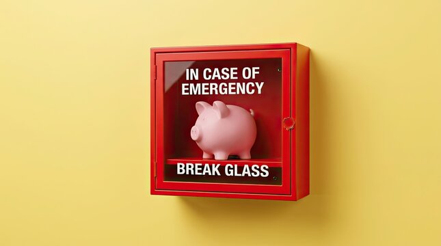 Piggy bank displayed inside emergency break glass box on yellow wall with sits behind glass red emergency containerizedobject wallattachment instructions preparedness emergencybox wallcoloring