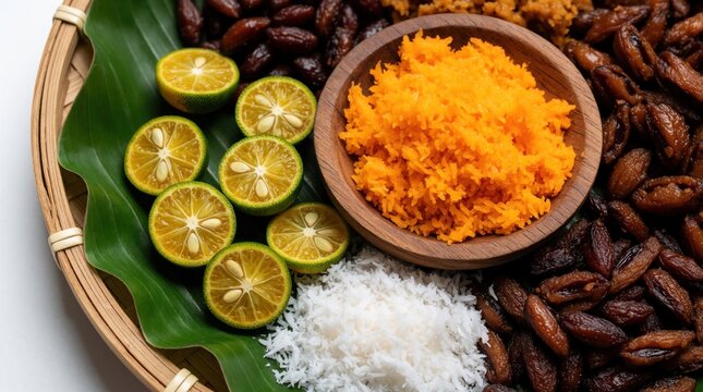 Traditional Indonesian food platter on bamboo tray with banana leaf. Sliced kaffir lime, shredded carrot, coconut flakes, dried dates. Authentic ethnic cuisine setup for Ramadan fasting local