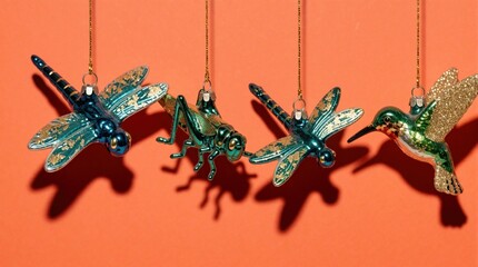 Fototapeta premium Colorful glass ornaments hang on orange background. Dragonfly, grasshopper, hummingbird ornaments dangle from gold strings. Small shiny insect, bird decorations create festive summer mood. Beautiful