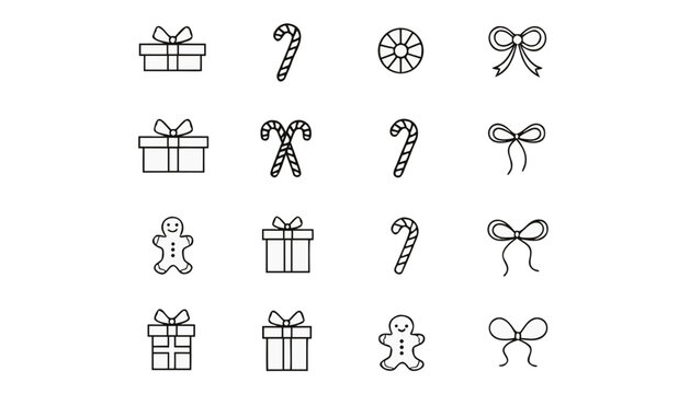 Vector line art set of christmas gift candy cane and cookie icons