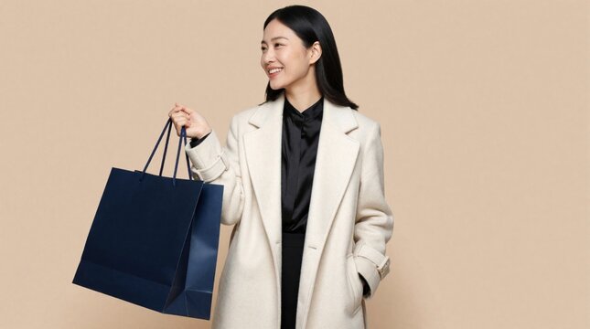 Happy young Asian woman holds large navy blue shopping bag. Smiling female client wears elegant white coat, black shirt. Stylish lady enjoys retail therapy, luxury fashion purchase. Joyful person