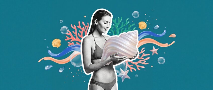 Retro halftone woman in a bikini holding a giant 3D seashell with underwater coral and bubbles on a teal background