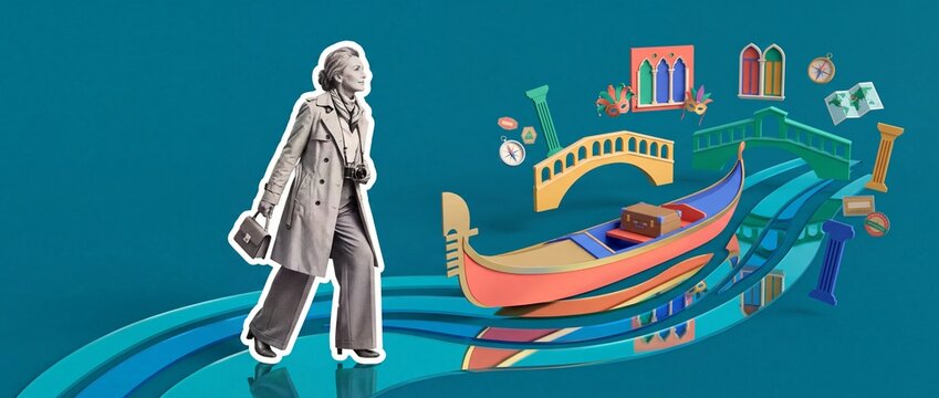 3D collage of a senior woman with a camera walking next to a Venetian gondola, bridges, and carnival masks