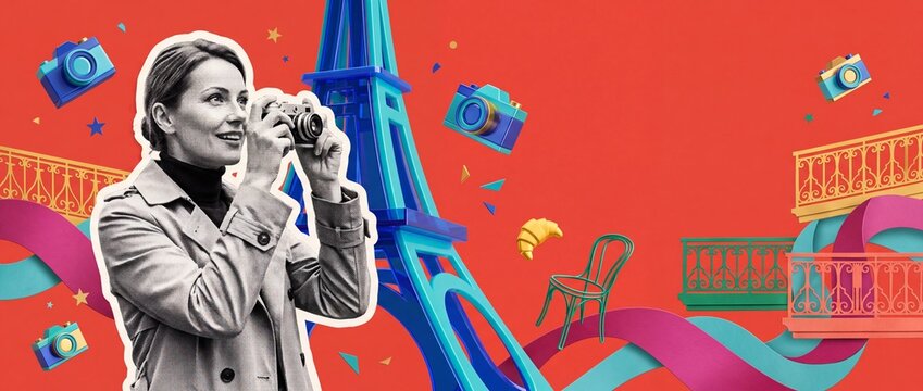 3D collage of a smiling woman taking photos with a vintage camera in front of a blue Eiffel Tower and Parisian elements
