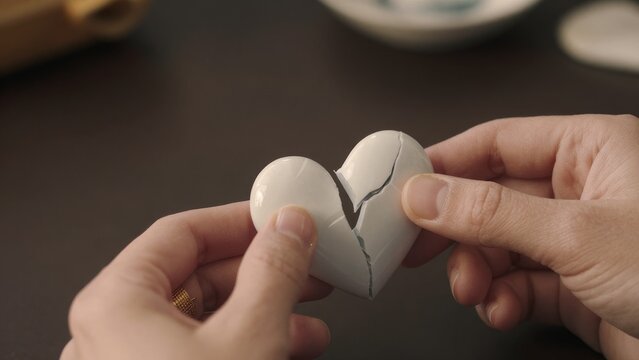 Hands Holding a Broken Heart Symbol on a Dark Table Surface