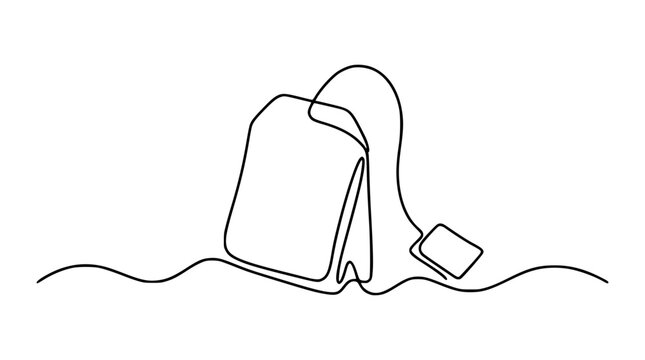 Continuous single line art illustration of an organic teabag with string and label for herbal wellness branding, cafe menus, and minimalist hot beverage package designs