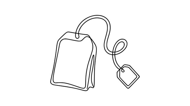 Continuous single line art illustration of a classical teabag with a string and tag for healthy herbal beverage menus, organic cafe logos, and minimalist packaging designs