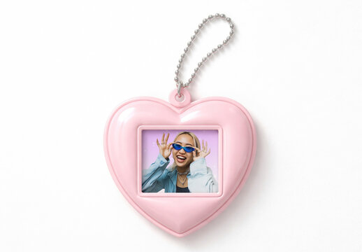 Pink Heart Keychain Mockup PSD With Smiling Asian Woman Photo Insert