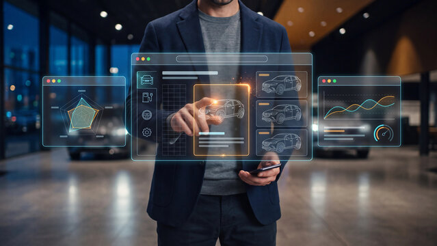 Customer choosing new car and configuring vehicle options in dealership showroom using interactive car configurator UI and smartphone.