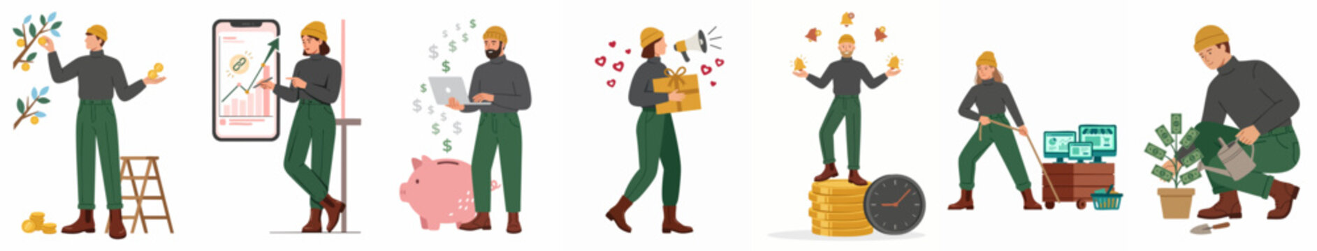 Flat illustration set featuring a person managing finances, investments, household chores, and personal growth activities on a white background.