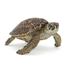 Fototapeta premium Realistic sea turtle crawling on white background