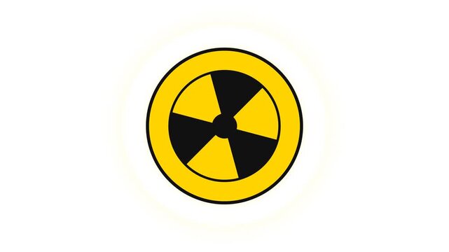 A circular yellow and black radioactive radiation hazard sign pulses gently with a soft yellow glow on a plain white background.