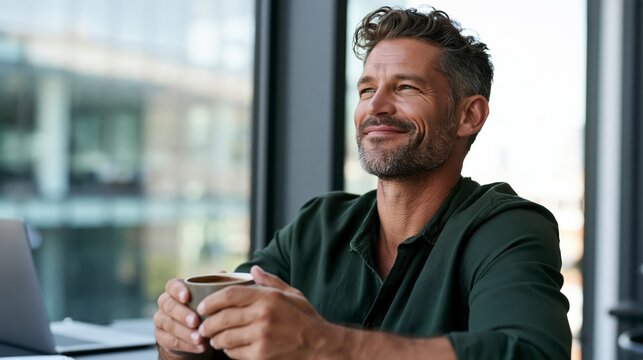 Business professional enjoying coffee break during workday in modern office environment