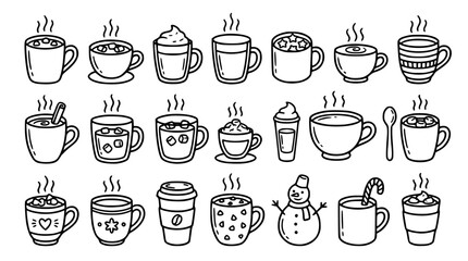 Fototapeta premium Winter hot beverage and coffee shop line icon set featuring cozy cocoa mugs, cafe espresso cups, seasonal holiday drinks, and takeaway travel cups for menu designs