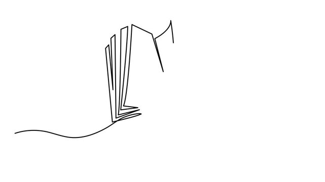 Human hand hand turns the pages open book one line art animation, continuous line drawing reading education library motion, knowledge learning literature education 4k self-drawing video